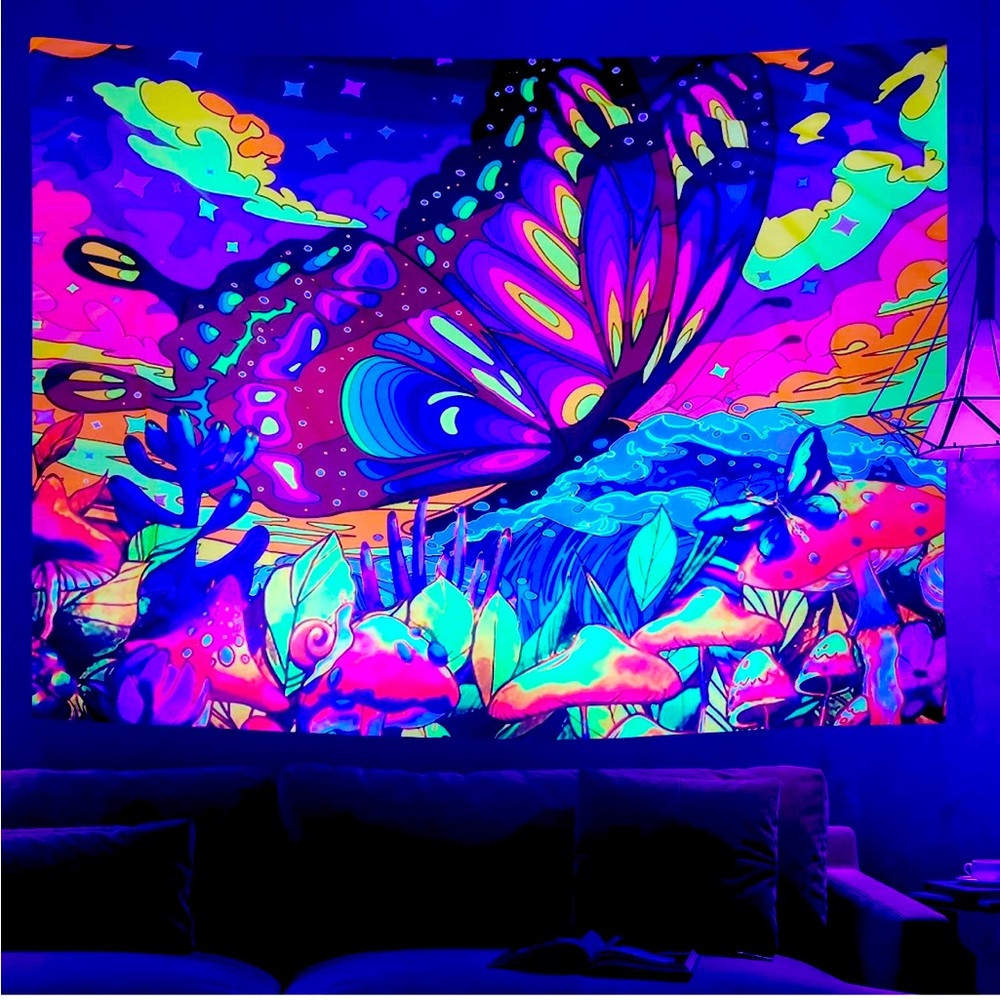 Vibrant Psychedelic Butterfly Tapestry – UV/Black Light Reactive, 60"x50"